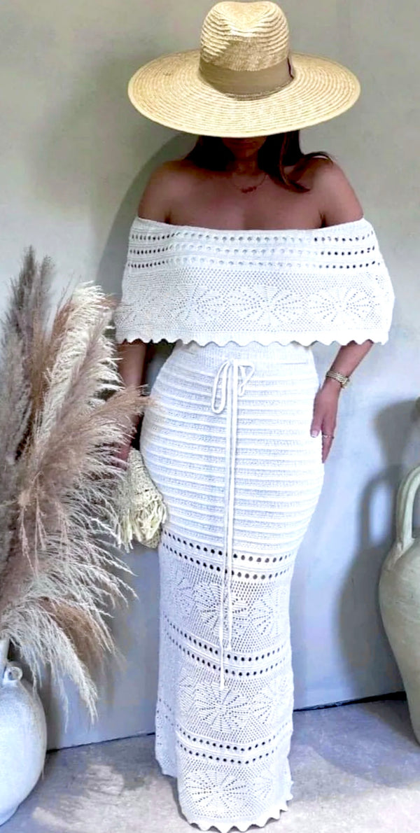 Premium Bardot crochet resort dress - white