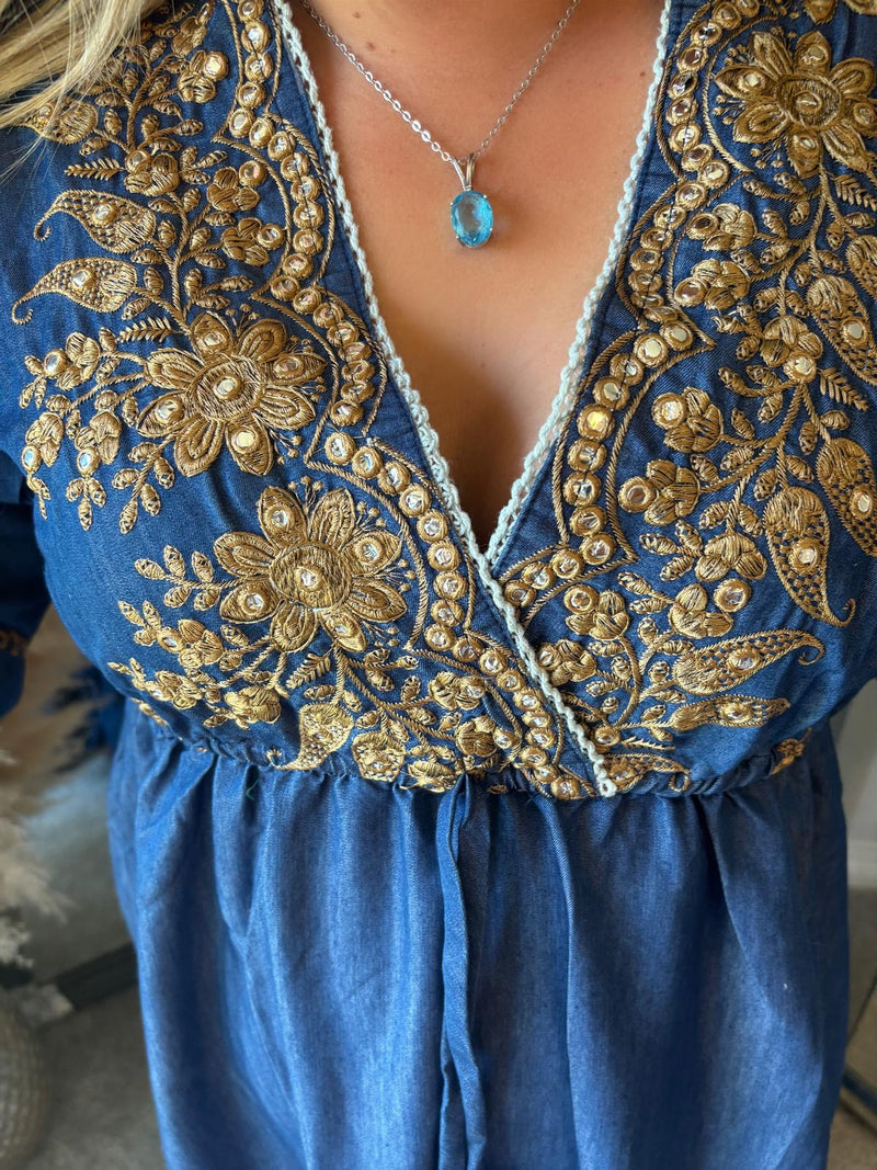 Embroidery detail denim summer boho maxi