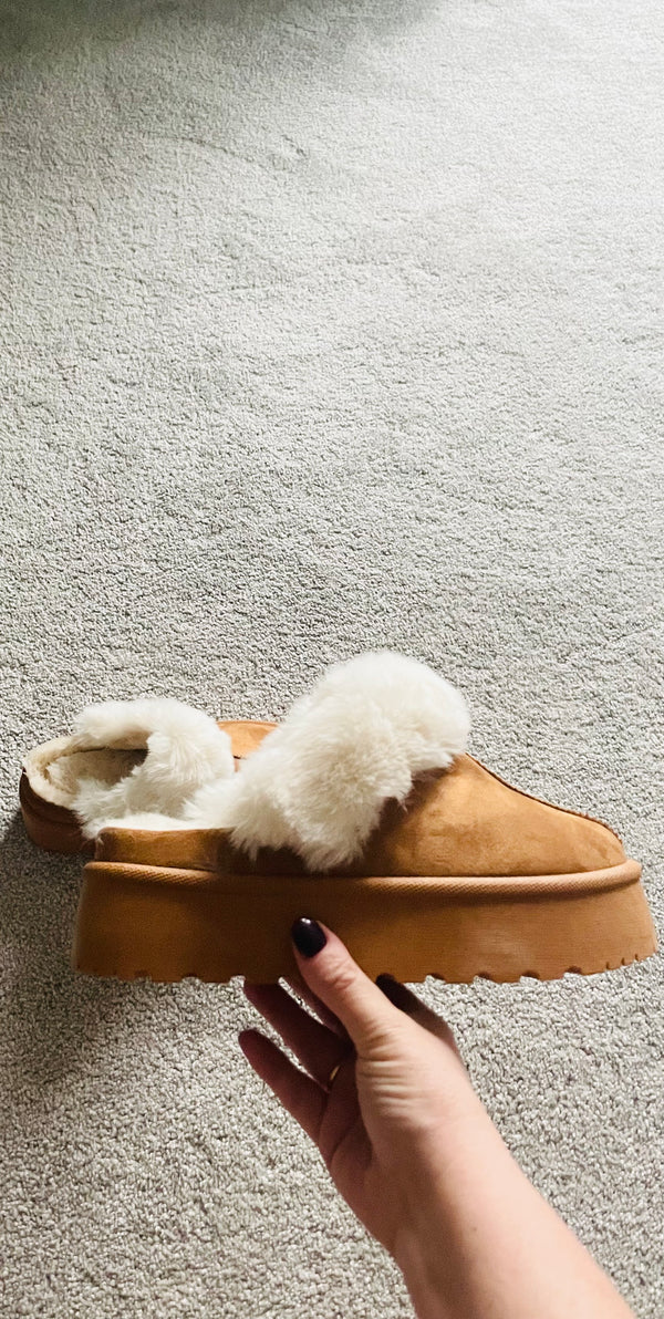 Tan fur slip on boot
