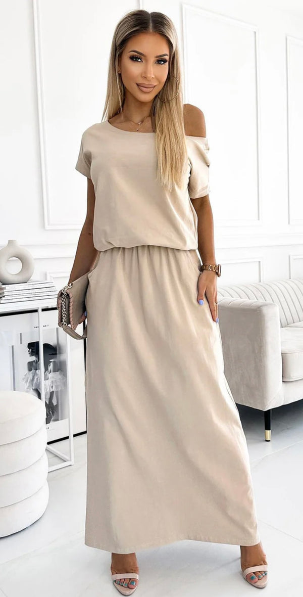 Side slit pocket detail maxi dress - beige