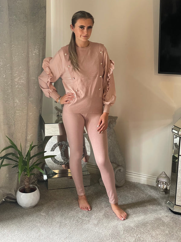 Bling button frill sleeve lounge set - blush pink