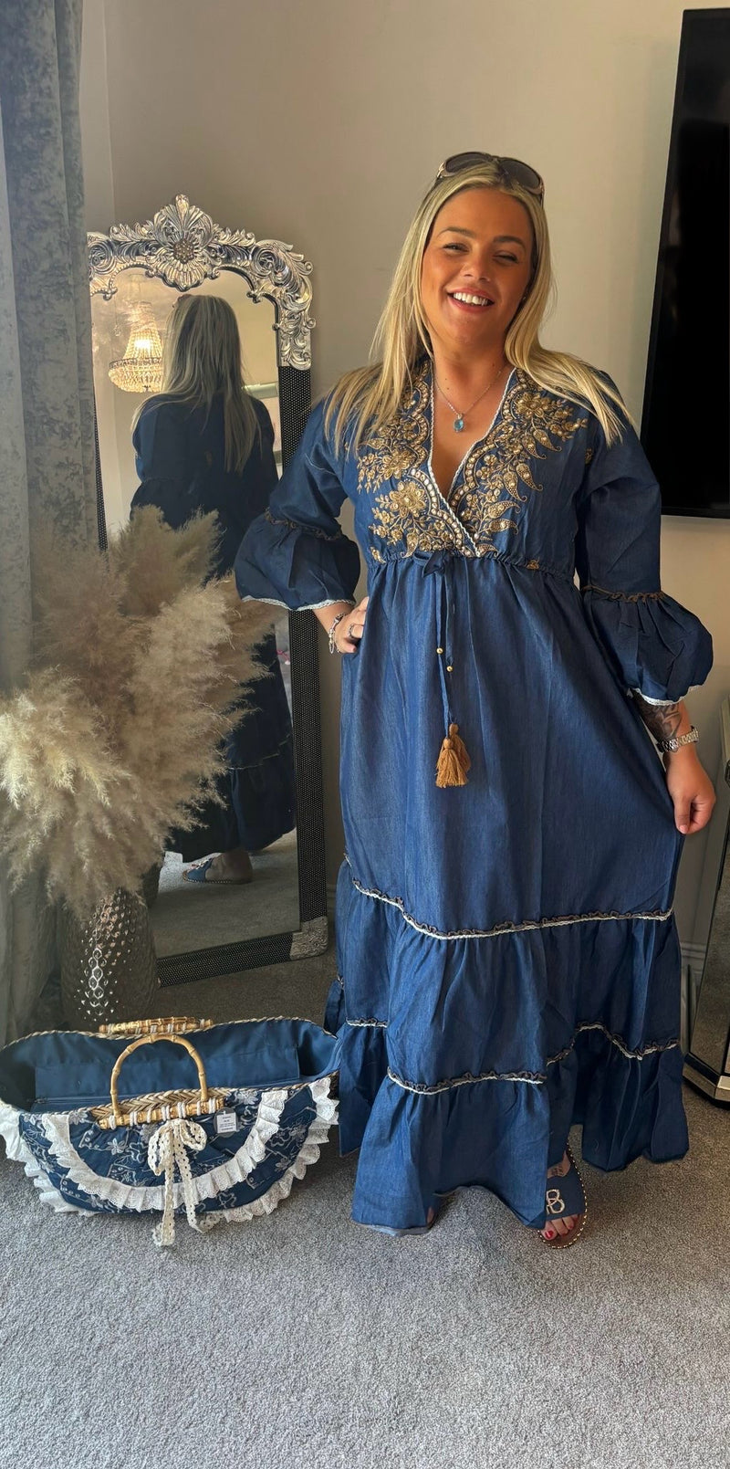 Embroidery detail denim summer boho maxi