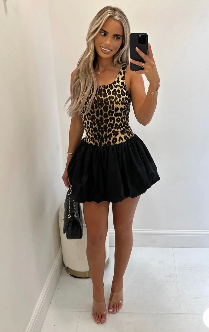 Leopard puffball skirt mini dress