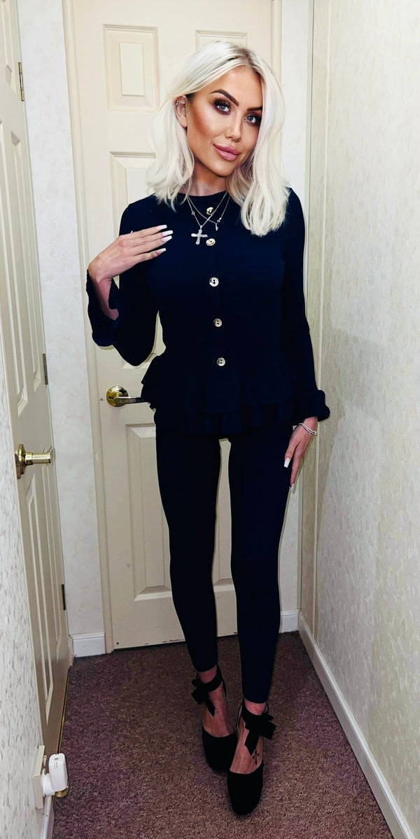 Ribbed button detail lounge set - Black