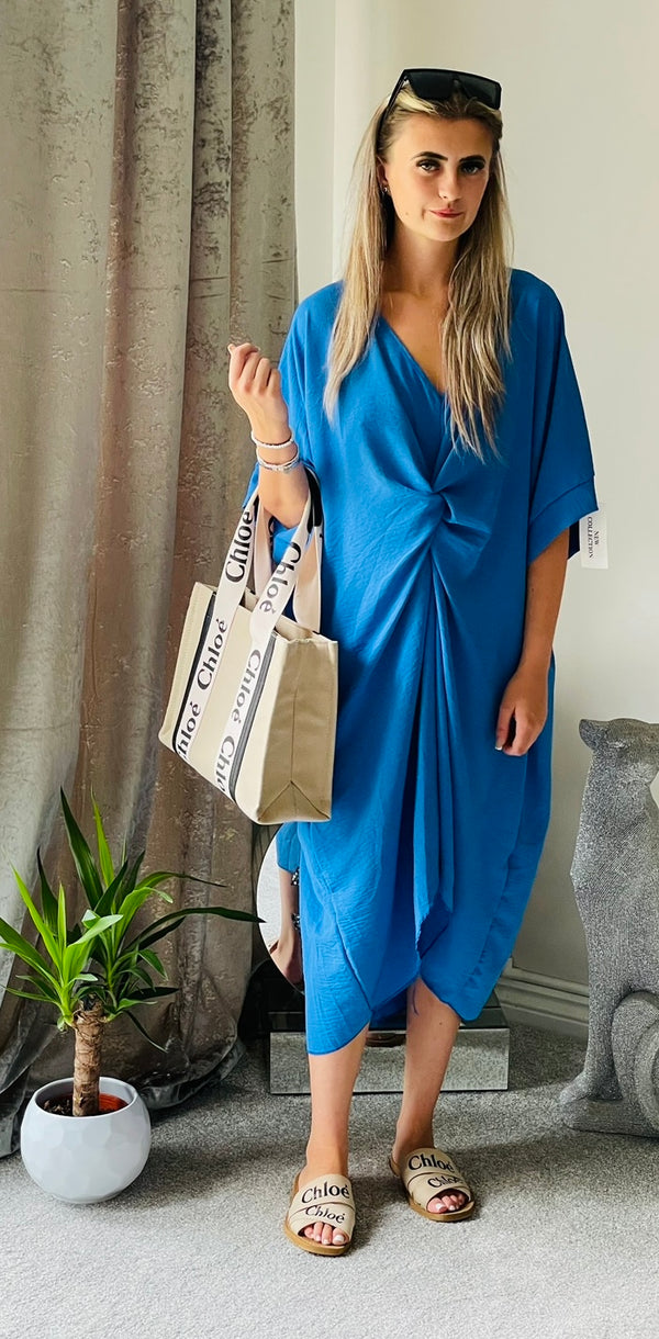 Cobalt blue knot front smock dress