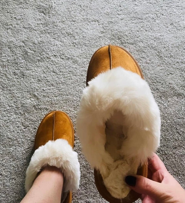 Tan fur slip on boot