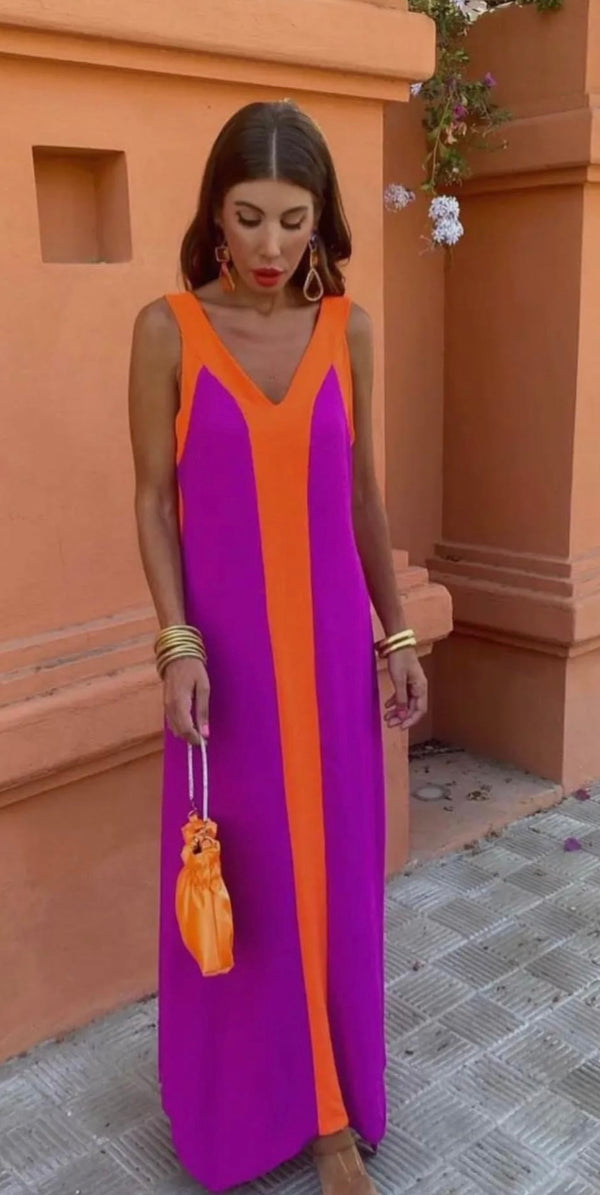 Magenta and orange colour block maxi dress