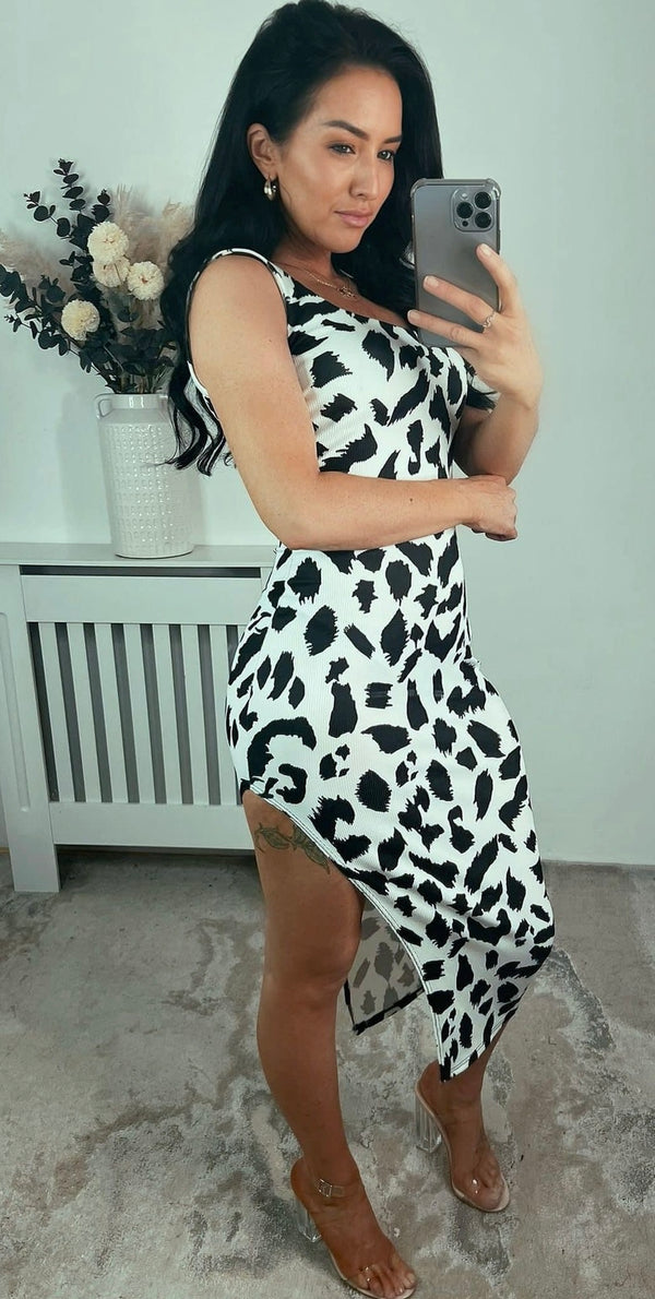 Printed side slit bodycon maxi dress