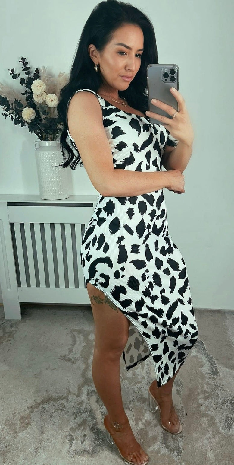 Printed side slit bodycon maxi dress