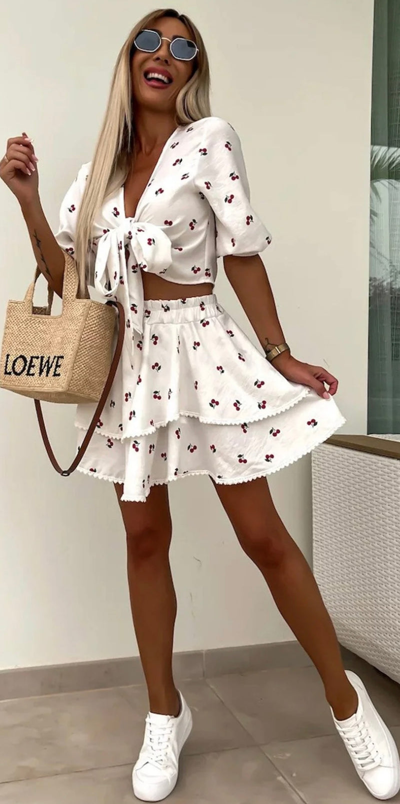 Cherry print 2 piece skirt co ord set