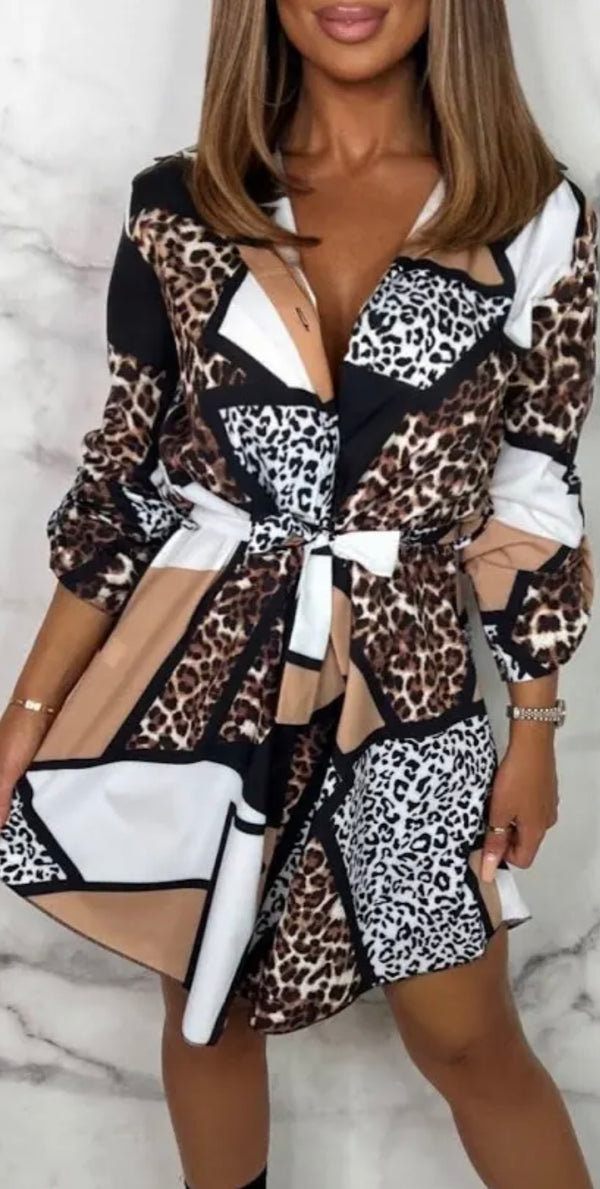 Colour block leopard print shirt dress