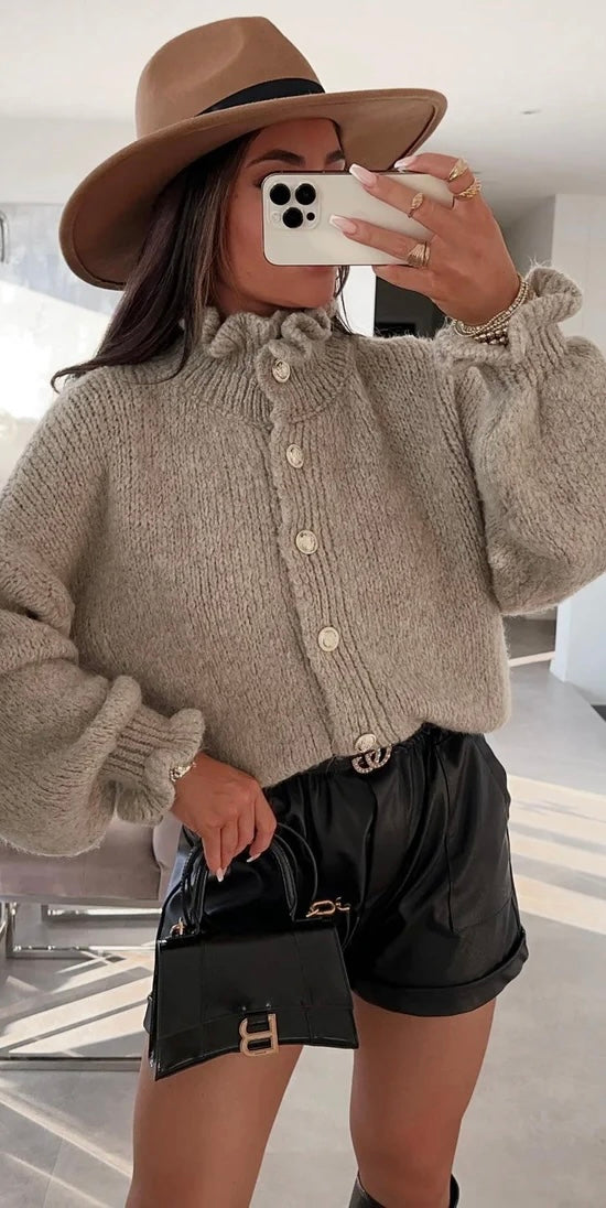 Oversized frill knitted cardigan - Mocha