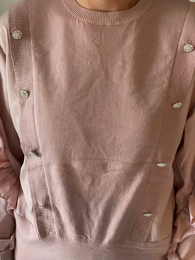 Bling button frill sleeve lounge set - blush pink