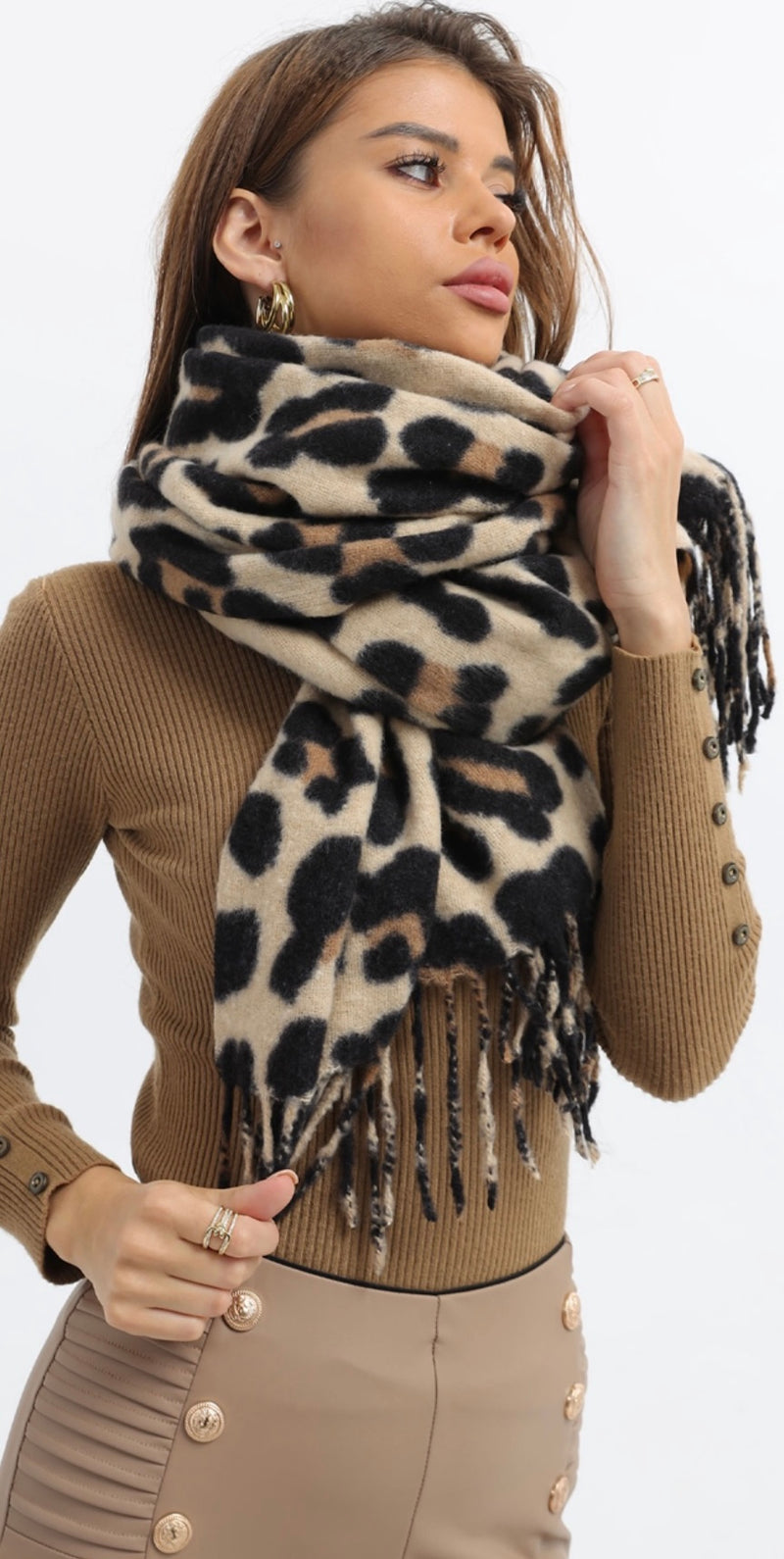 Leopard print wool blend scarf