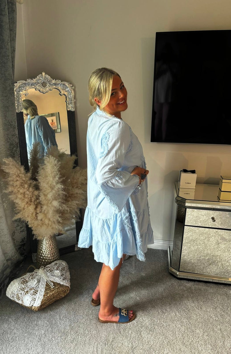 Cotton smock with heart embellishment - baby blue