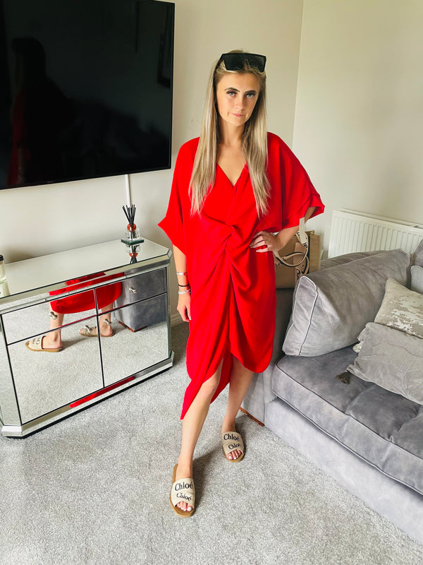 Red knot front smock dress