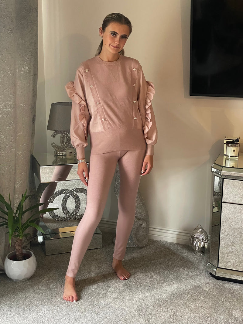 Bling button frill sleeve lounge set - blush pink