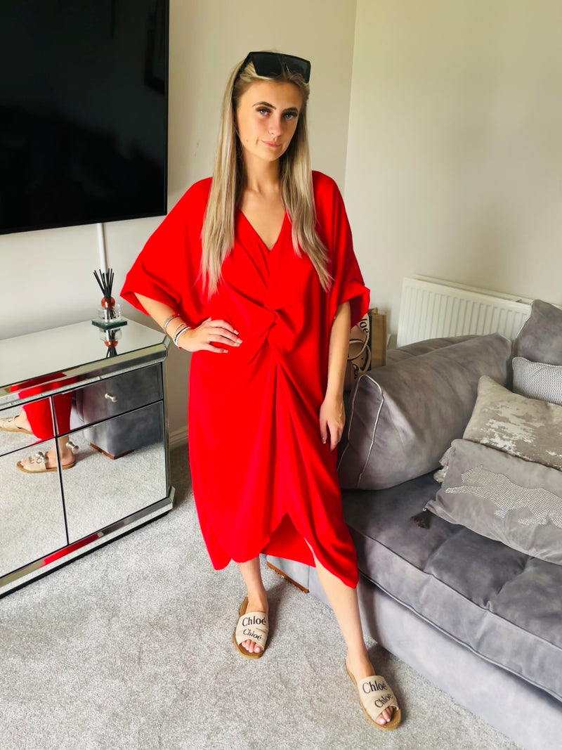 Red knot front smock dress