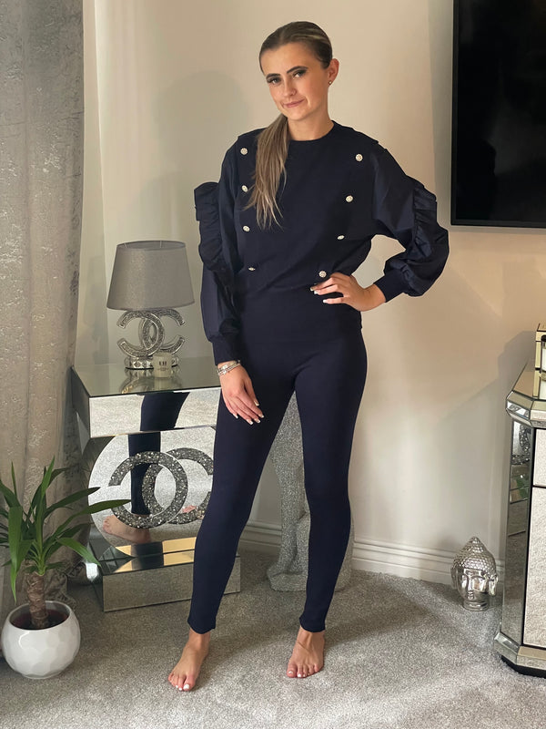 Bling button frill sleeve lounge set - Navy