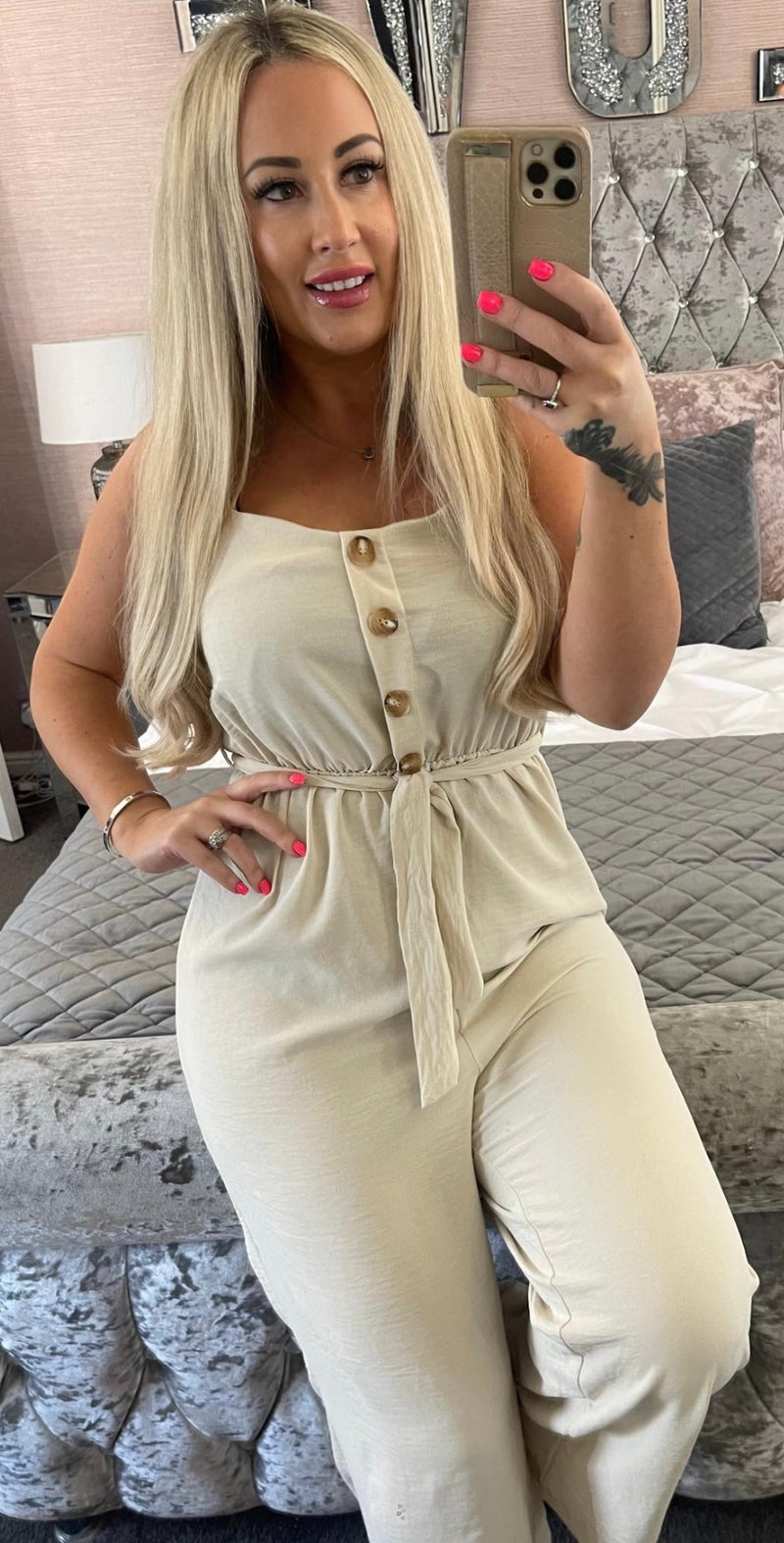 Button detail summer jumpsuit - Beige