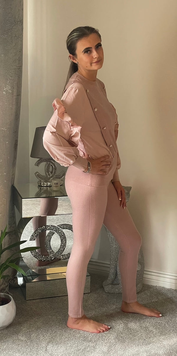 Bling button frill sleeve lounge set - blush pink