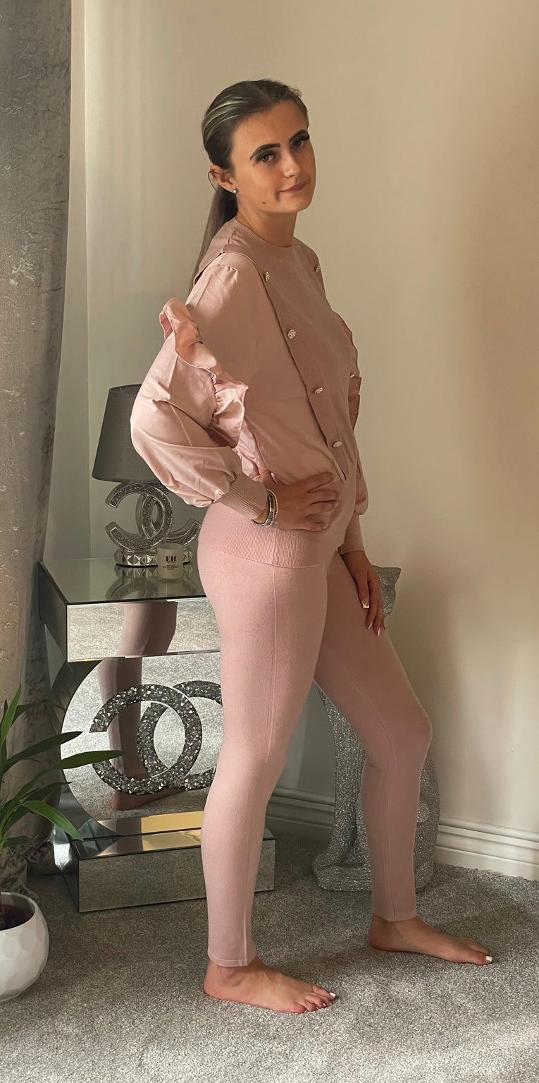 Bling button frill sleeve lounge set - blush pink