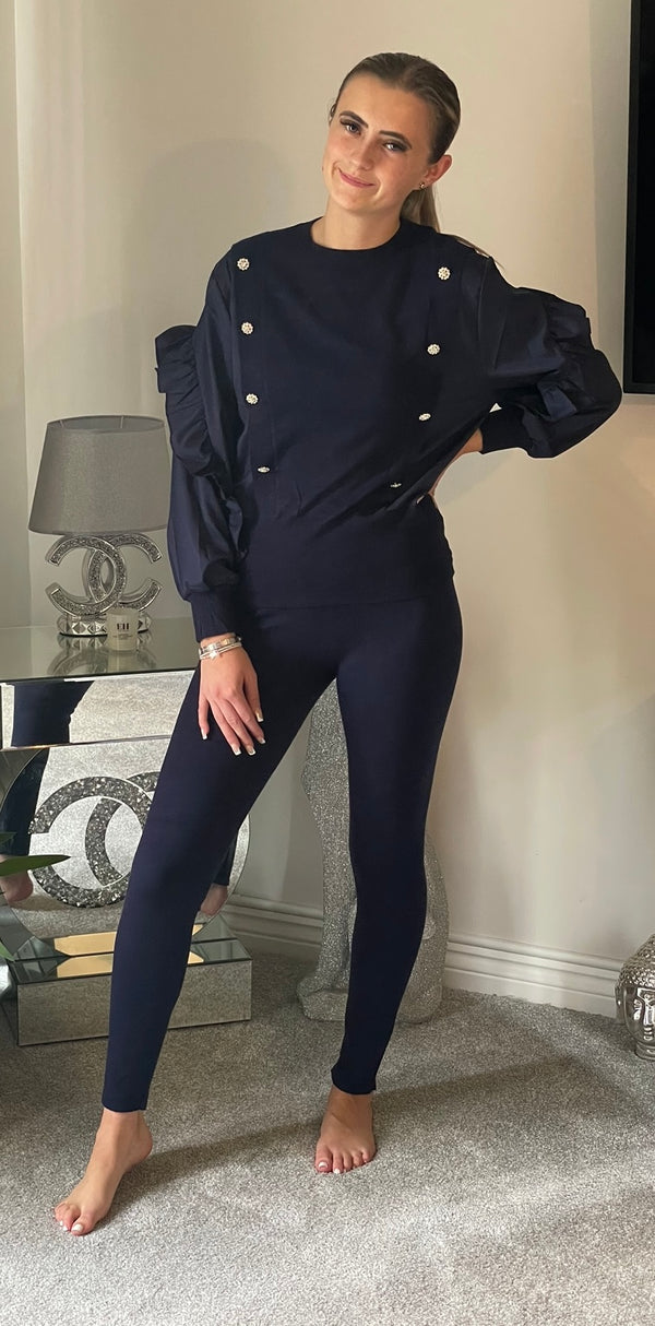 Bling button frill sleeve lounge set - Navy