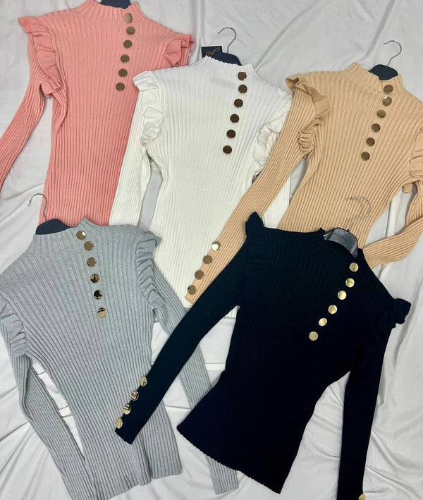 Frill sleeve gold button ribbed jumper - Beige