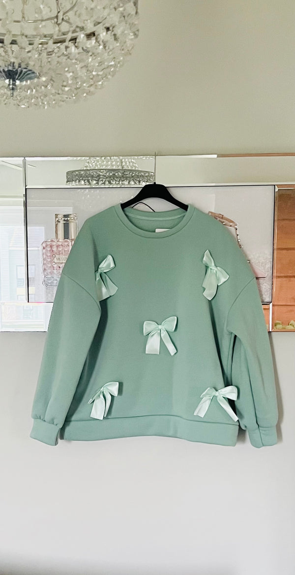 Mint satin bow sweatshirt