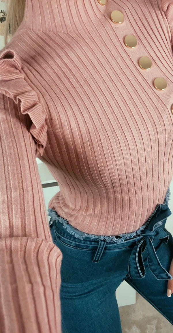 Frill sleeve gold button ribbed jumper - pink