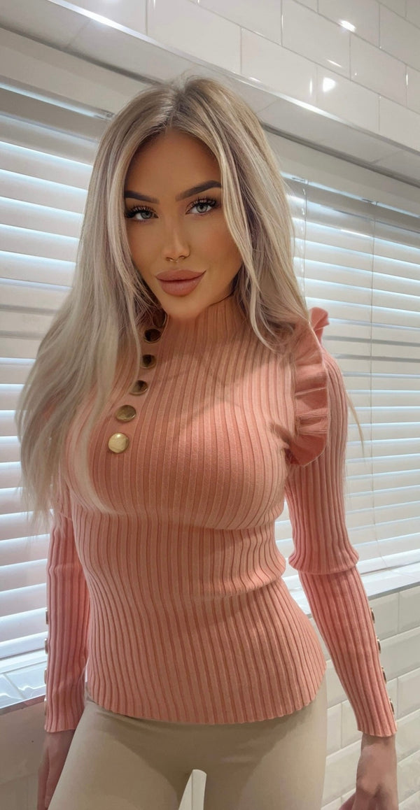 Frill sleeve gold button ribbed jumper - pink