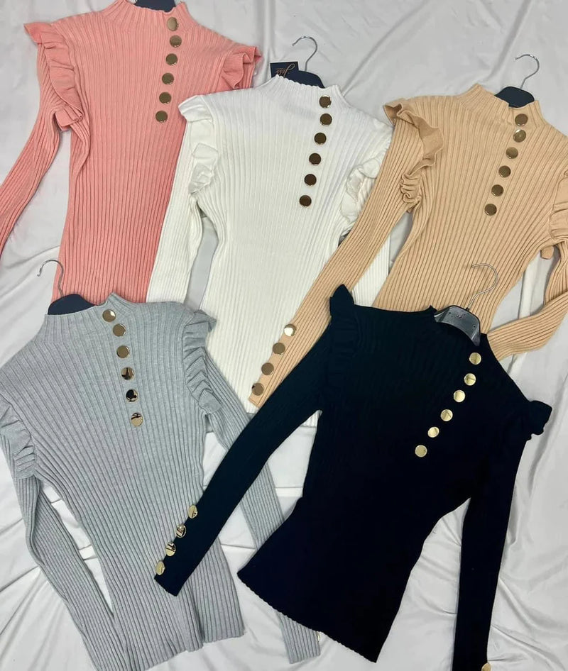 Frill sleeve gold button ribbed jumper - pink