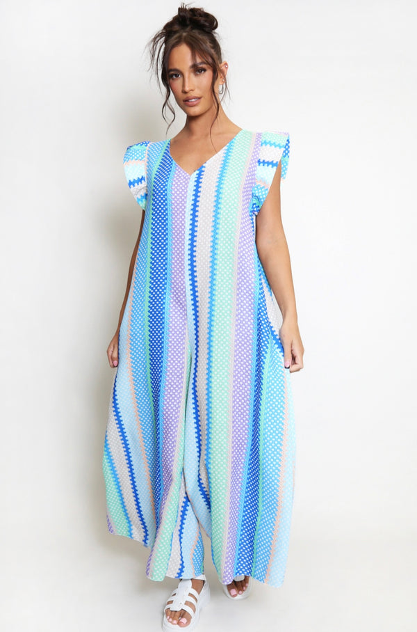 Candy cane stripe wide leg jumpsuit - blue
