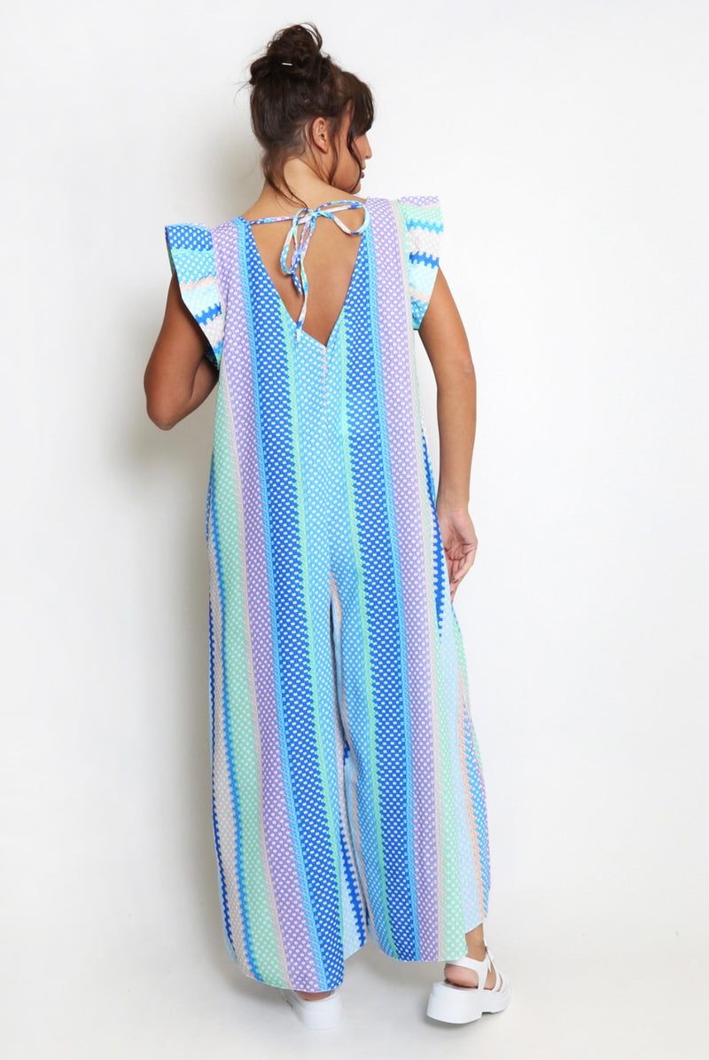 Candy cane stripe wide leg jumpsuit - blue