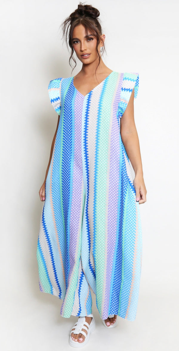 Candy cane stripe wide leg jumpsuit - blue