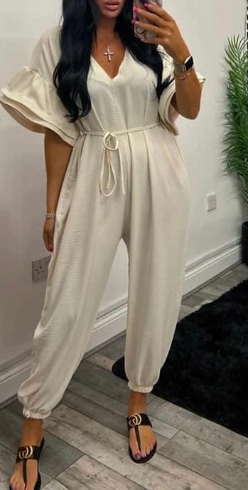 Beige frill sleeve jumpsuit
