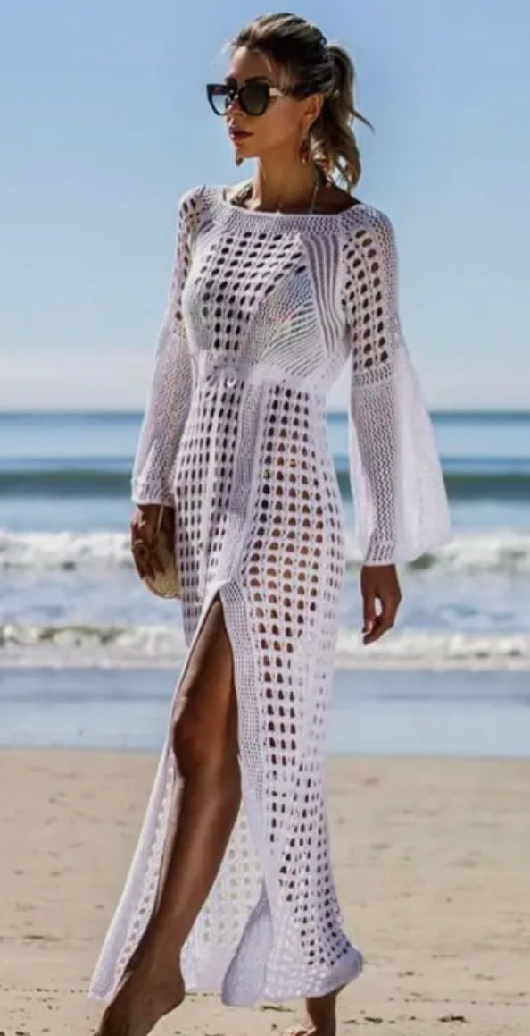 Crochet cover up resort beach dress - white