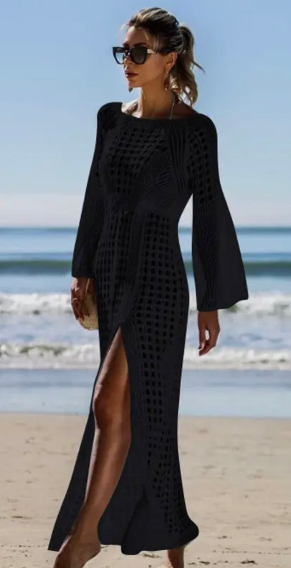 Crochet cover up resort beach dress - black
