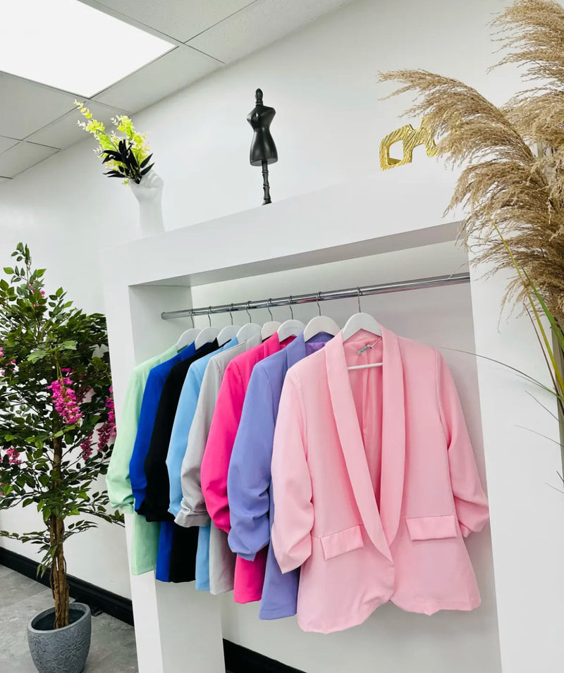 Baby pink ruche sleeve blazer