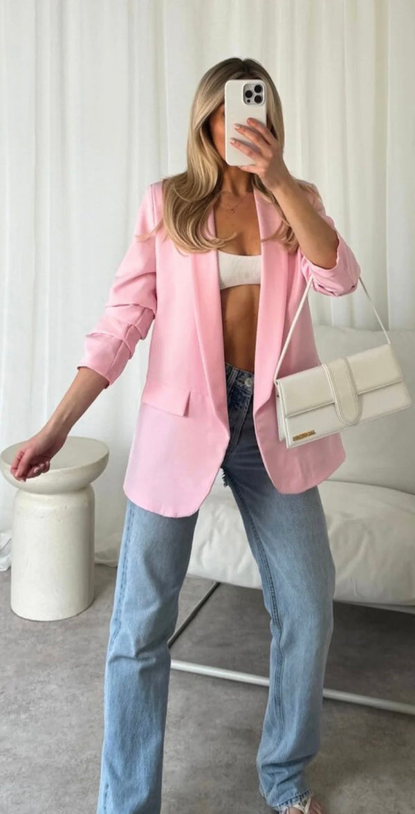 Baby pink ruche sleeve blazer