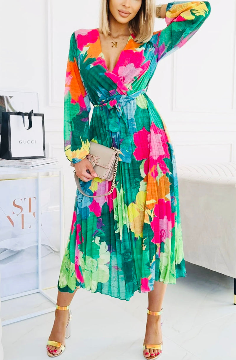 Floral summer chiffon pleated maxi - green