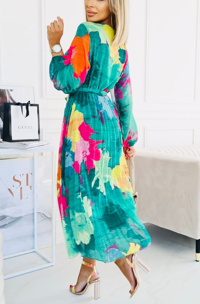 Floral summer chiffon pleated maxi - green