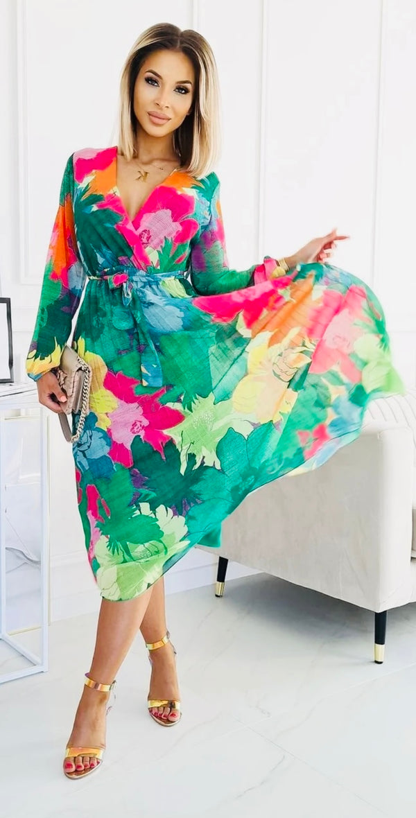 Floral summer chiffon pleated maxi - green