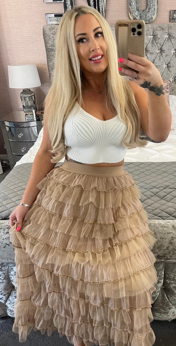 Camel tulle longline skirt