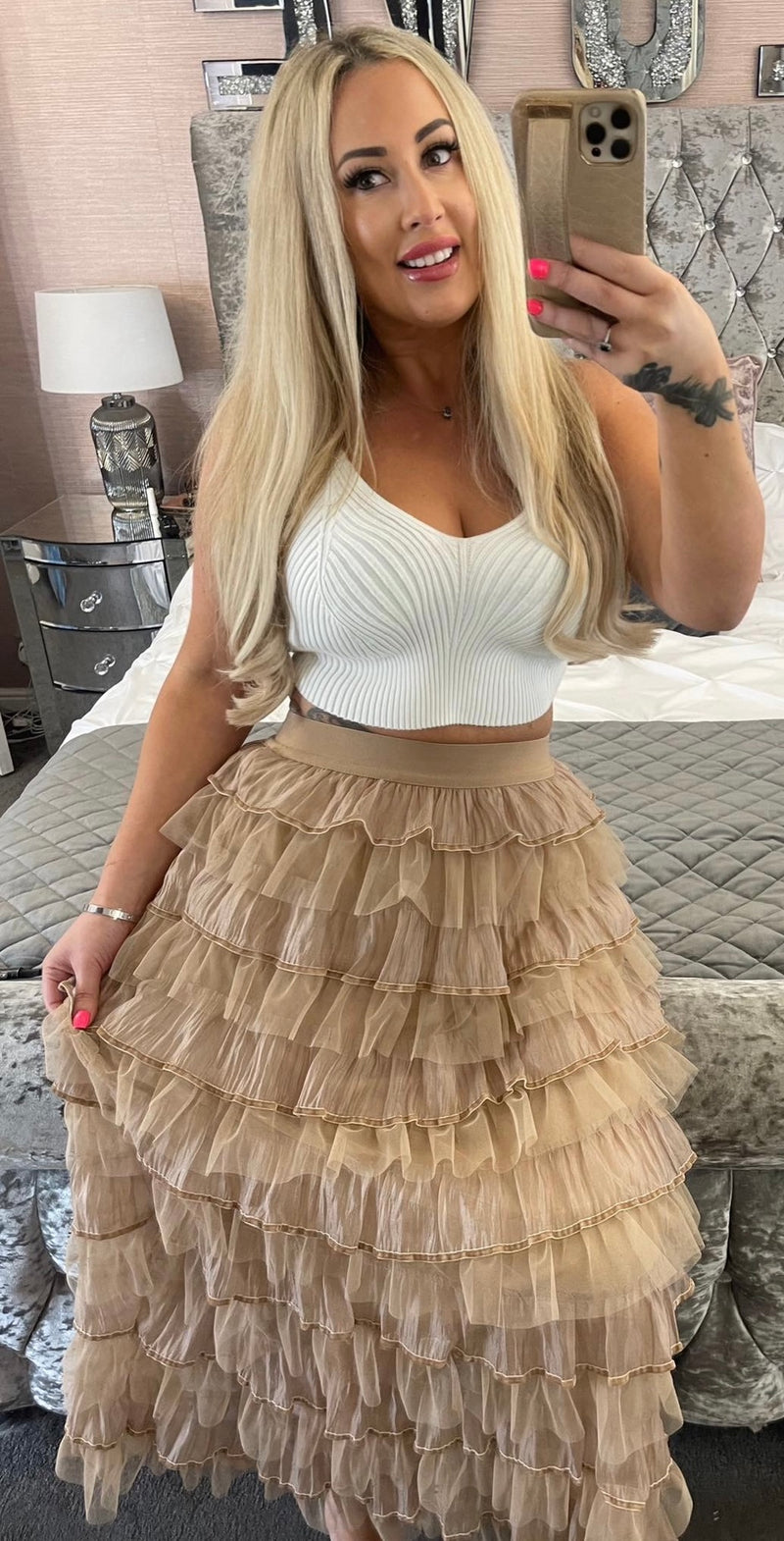 Camel tulle longline skirt
