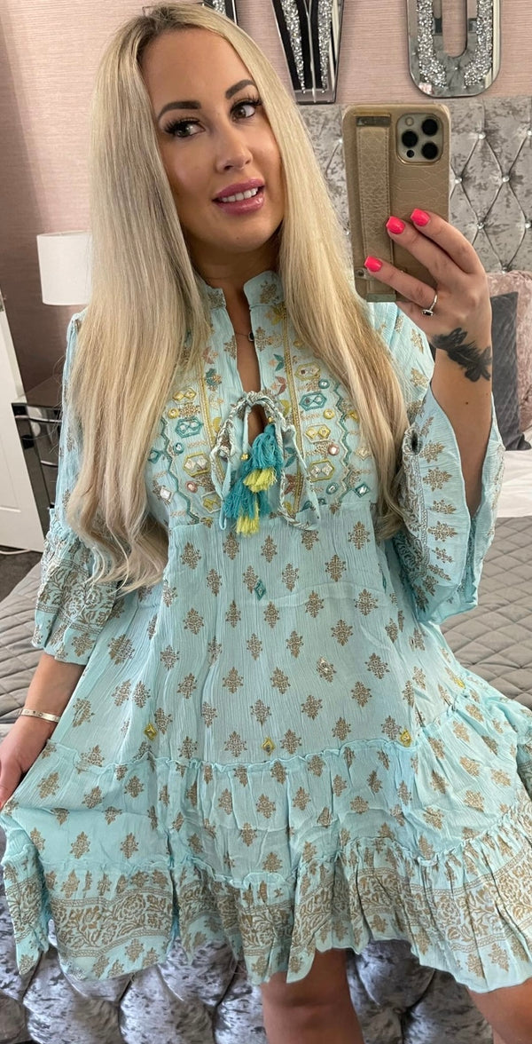 Boho embellished smock dress