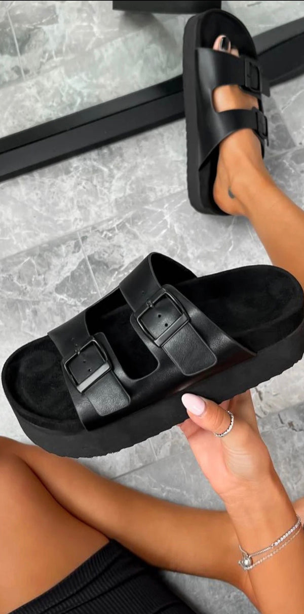 Black chunky double strap sliders