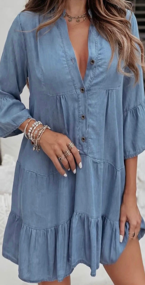 Oversized denim style smock dress - blue
