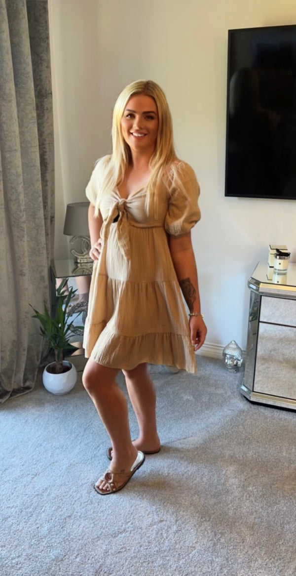 Beige tie front cheesecloth dress