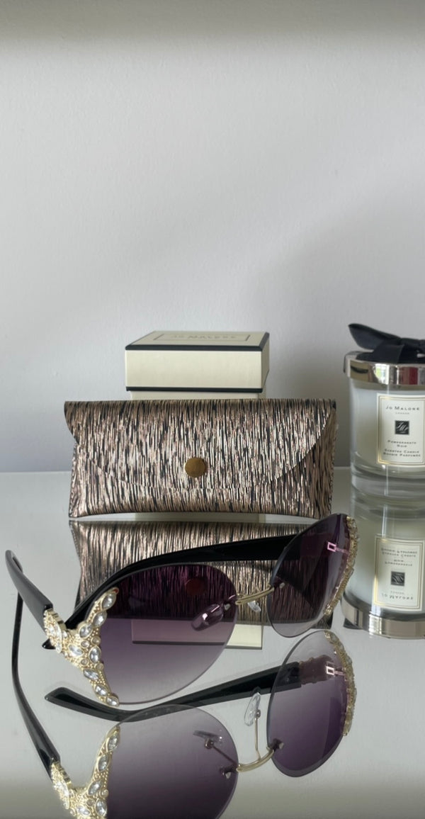Black rimless oversized rhinestone sunglasses
